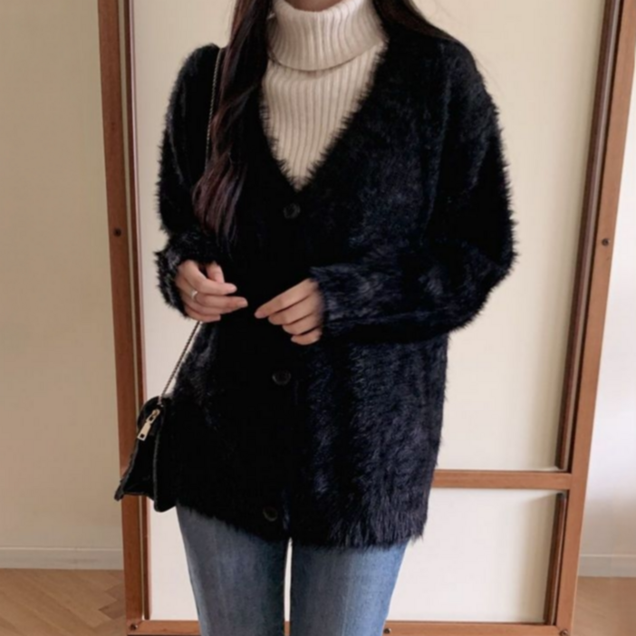 시온 여성 브이넥 앙고라 퍼 니트 가디건