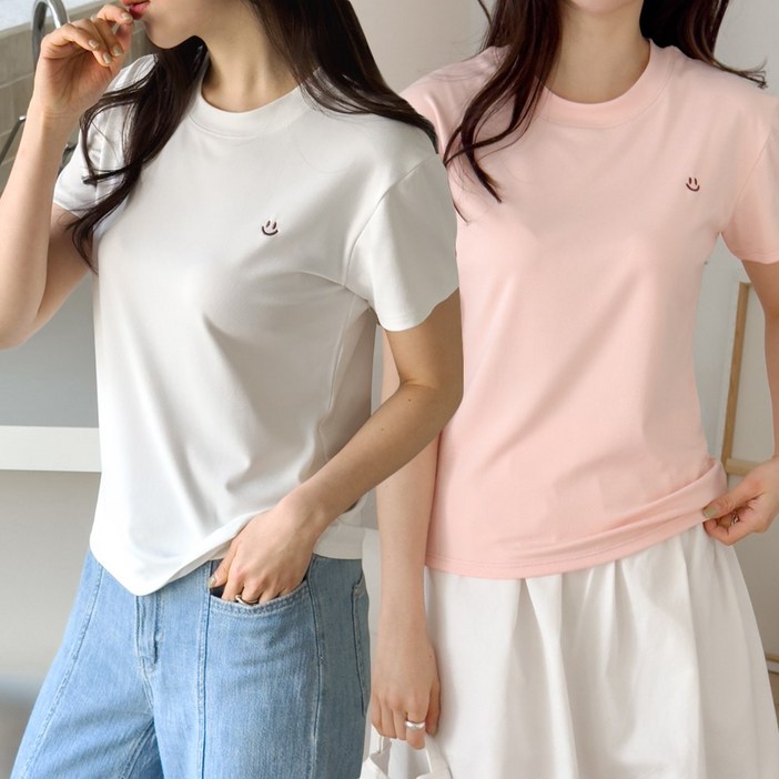 제이그린 여성 심플 스마일 자수 라운드넥 반팔 티셔츠 2P