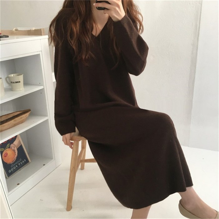 데일리 간절기 여성 루즈핏 브이넥 데일리룩 베이직 빅사이즈 니트 원피스 하객룩 니트원피스