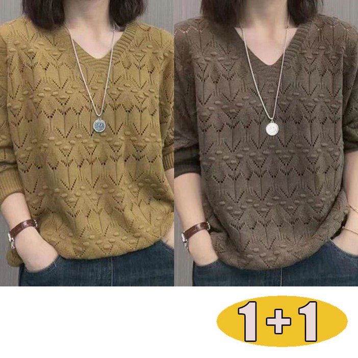 1+1 40대 50대 여성 봄가을 라운드넥 니트 얇은 티셔츠 레이스 긴팔  니트 풀오버 캐주얼 루즈핏 대사이즈 상의