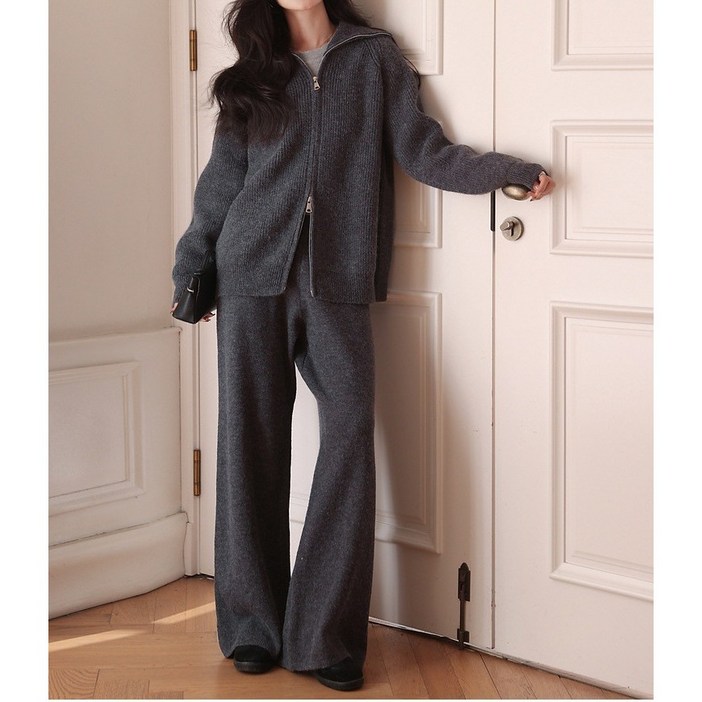 Sorpci	여성 니트 세트 루즈핏 겨울 투웨이 집업 니트탑  와이드팬츠  빅사이즈 데일리 트레이닝복 세트