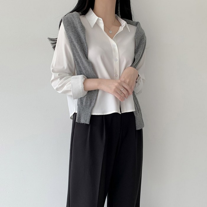 검증된원단 구김적은 링클프리 기본 크롭 긴팔 블라우스 P0007816