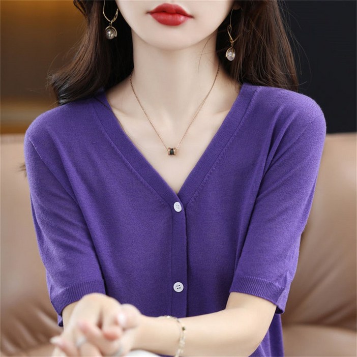 besteffie 여름가디건 여성 솔리드 V넥 기본핏 신축성 좋은 브이넥가디건 캐주얼 여성가디건 반팔 니트 E58