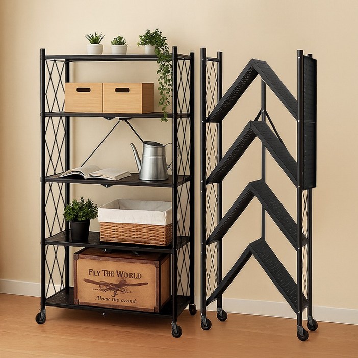 벨라까사 다용도 원터치 폴딩 철제 접이식 선반 팬트리 베란다 정리 수납장, 5단, 블랙