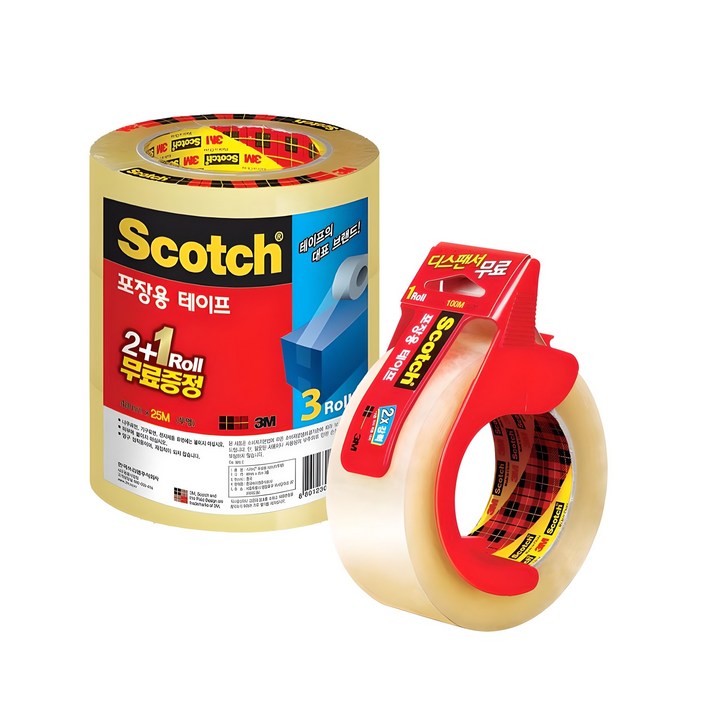 스카치 포장 박스 테이프 투명 48mm x 25m 3625V 2+1 + 투명 48mm x 100m 3615R + 디스펜서