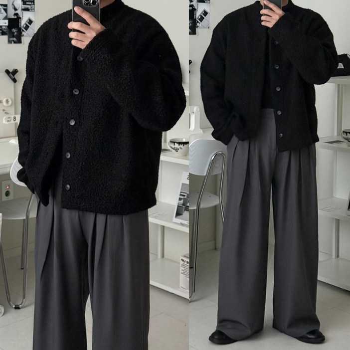 르위 오버핏 울 기모 양털 헨리넥 가디건 르위 오버핏 울 기모 양털 헨리넥 가디건