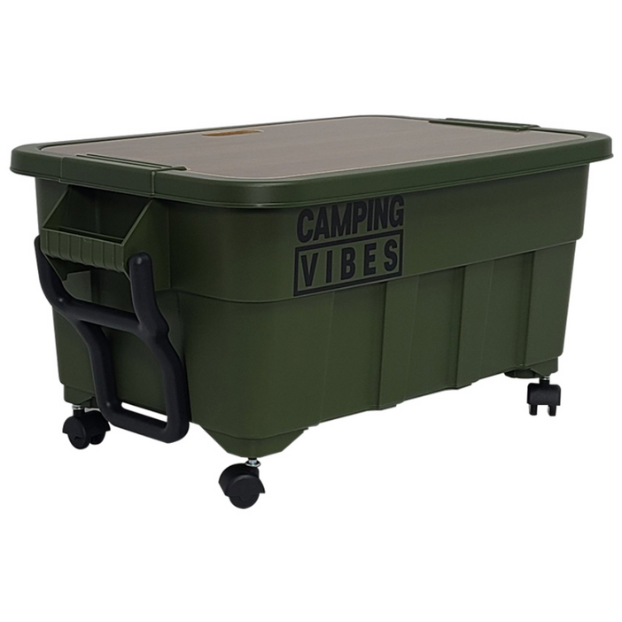 캠핑바이브스 멀티 카고박스 특대형 53L + 우드상판 + 이동바퀴 + 데칼스티커 세트 (풀세트 구성) 캠핑박스 토트박스, 53 그린, 1개, 1단