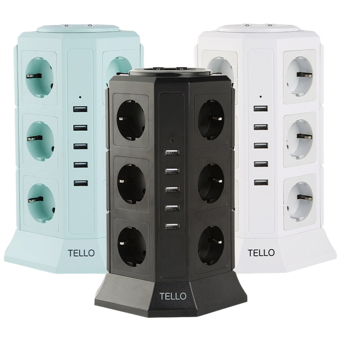 (베이직)텔로 과부하차단 USB 타워 멀티탭 서지 차단 17구 인테리어 사무실 책상 다용도 KC인증 예쁜 디자인 멀티 콘센트, 1개