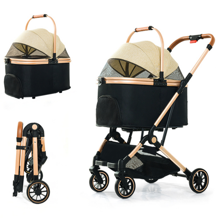 FODOSS 강아지 유모차 접이식 분리형 알루미늄 합금 개모차 야외 산책 옷감 고양이유모차, 카키색, 1개