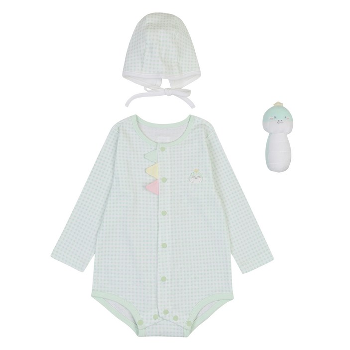 압소바 유아용 푸롱이 긴팔 바디수트  모자  딸랑이 세트