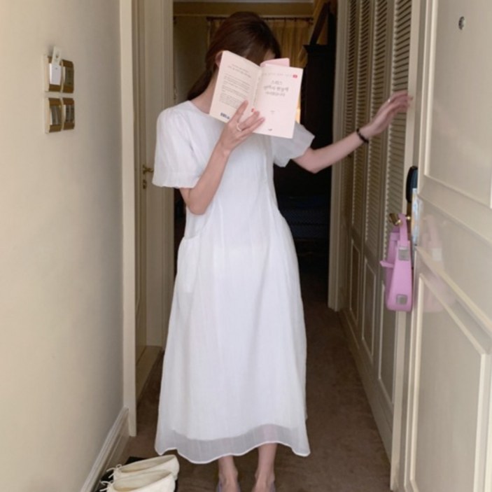 실피엔 퍼프 소매 쉬폰 롱 원피스