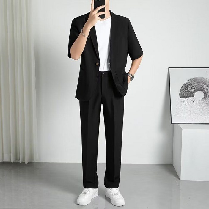 남성 여름 반팔 셋업 수트  오피스룩 캐주얼 정장 세트  통기성 데일리 간절기 출근용 수트