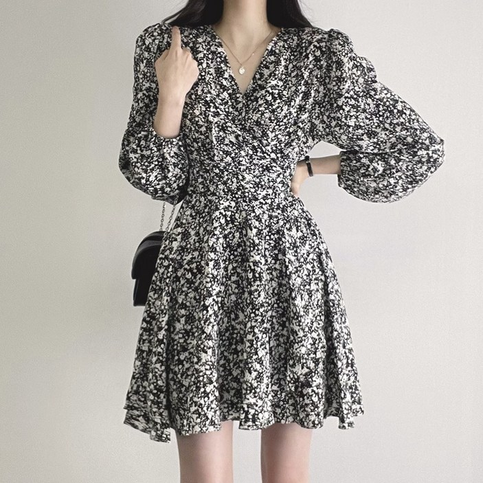 INSZEN 여성 봄가을 날씬 몸매 브이넥 플라워 패턴 긴 소매 원피스