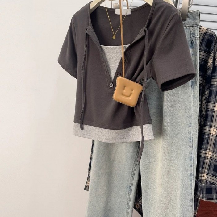 해피유통어린이 여아 이중 레이어 반팔 티셔츠 패셔너블 버튼 디자인14세 이상 XG03