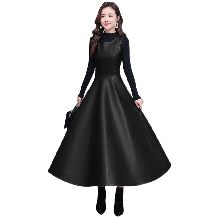 셀럽당 봄가을  레더 나시 스커트 기질이 날씬해 보이는 롱 원피스Q04833