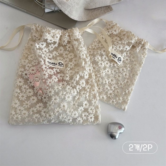 FANSYLI 레이스 복조리 파우치 다용도 스트링 메쉬 복주머니 생리대파우치 여행용파우치 화장품파우치 해외여행준비물 2종 세트 2p 0529JLL090