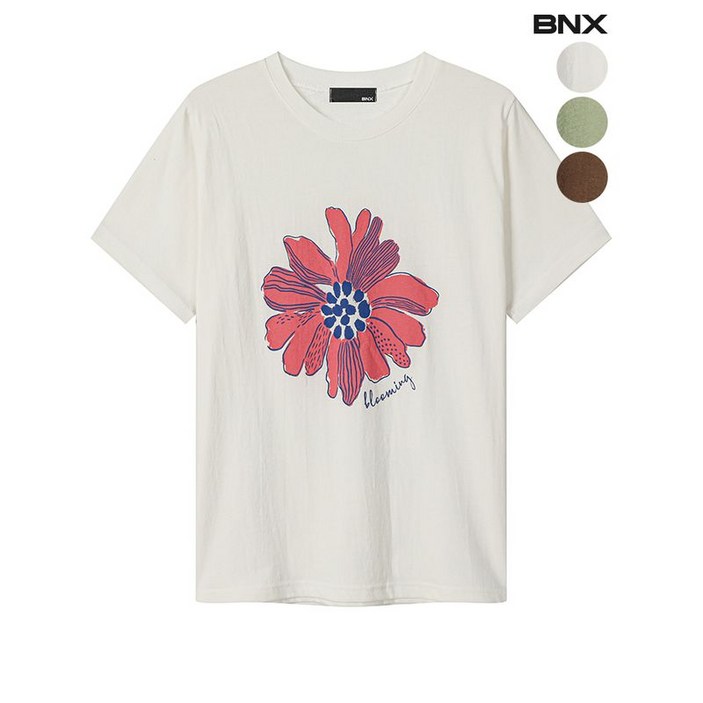 BNX 여성 코튼 플라워 프린팅 라운드 반팔 티셔츠