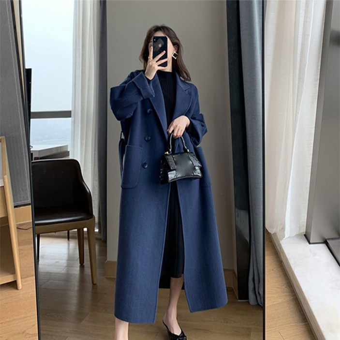 빅사이즈 여성 슬림핏 와이드핏 모직 코트 고급 심플 순색 위딘허리끈 버튼 롱 외투