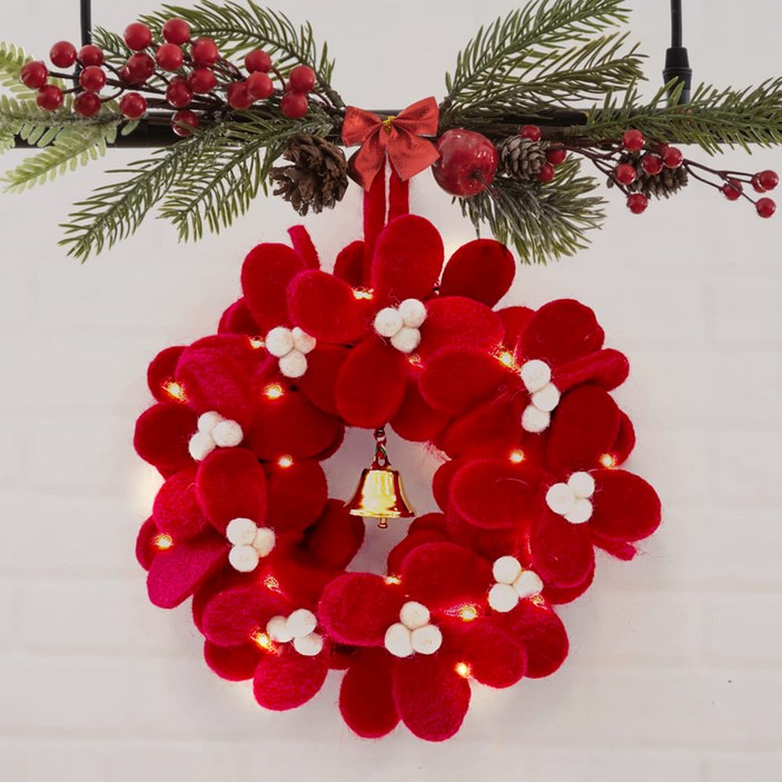 크리스마스리스만들기 고급양모 꽃잎리스 LED장식, 양모리스(빨간꽃)무지개