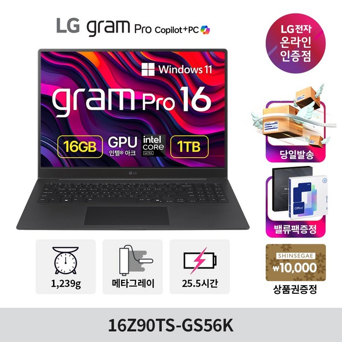 LG전자 2025 그램 프로 16 코어Ultra5 루나레이크, 메탈그레이, 1TB, 16GB, WIN11 Home, 16Z90TS-GS56K