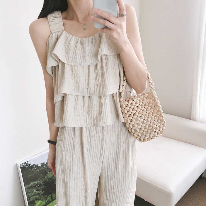 요시아나 [당일발송] 크루아 캉캉 프릴 곱창 끈나시 탑 롱팬츠 세트 투피스 2컬러