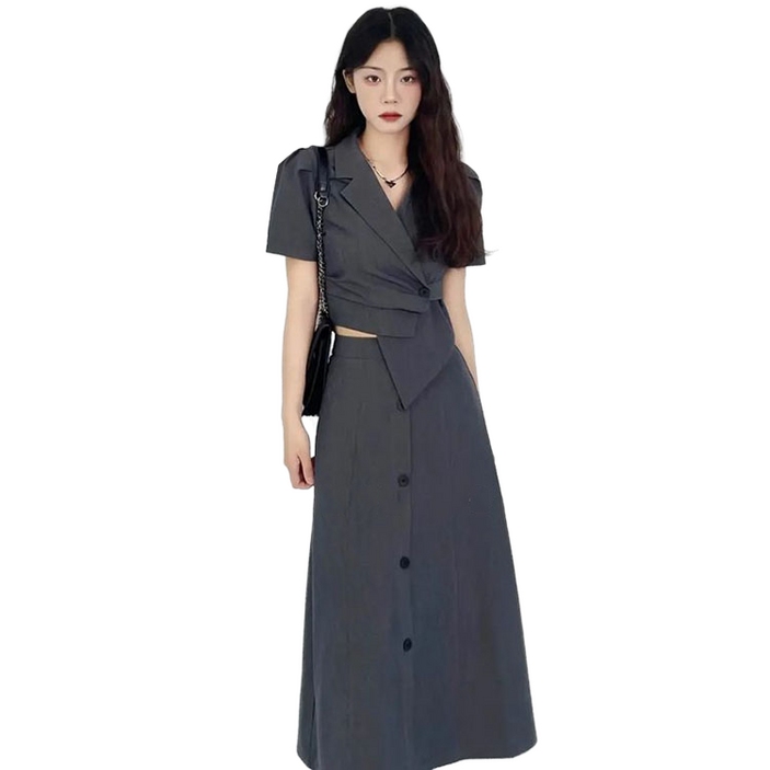셀럽당 그레이 패션 수트 여 여름 정장 상의a라인스커트투피스