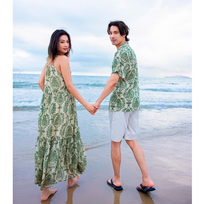 4477 동남아 토템 신혼여행 커플룩 여성 여름 바캉스 롱원피스 휴양지 허니문 하와이안 비치룩 시밀러룩 반팔셔츠 세트 휴가 여행용 베트남 해변옷