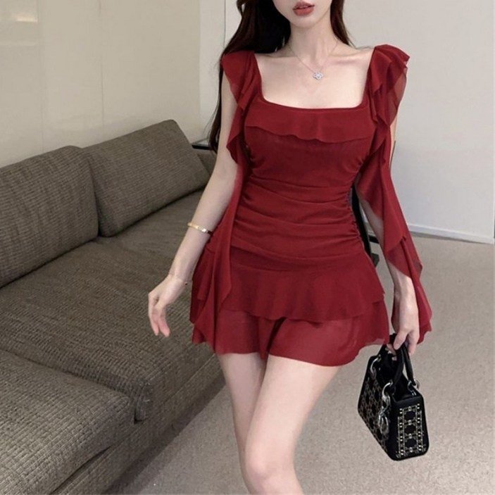 아이엠몽 여성 스퀘어 넥 리본 레이스 셔링 미니드레스