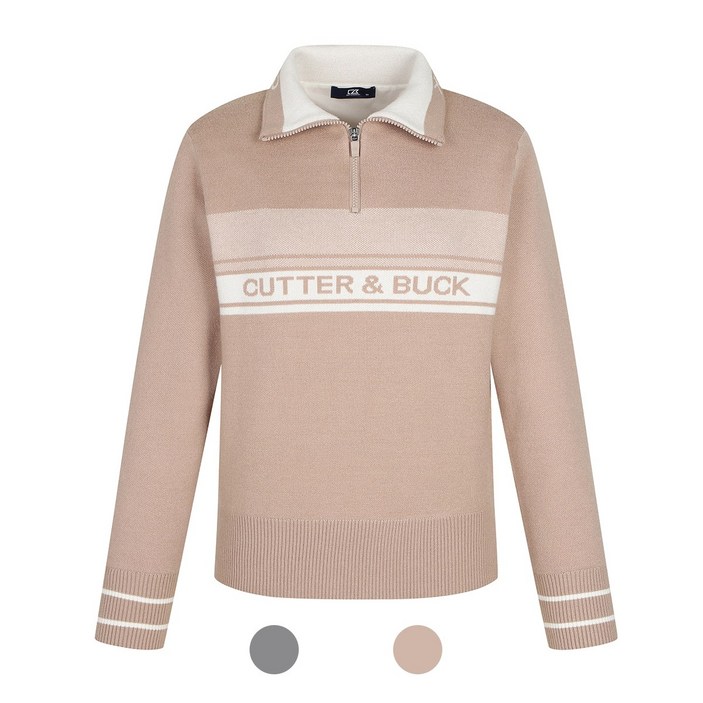 커터앤벅 여성 로고 자카드 방풍 반집업 골프니트 CBFSW44809