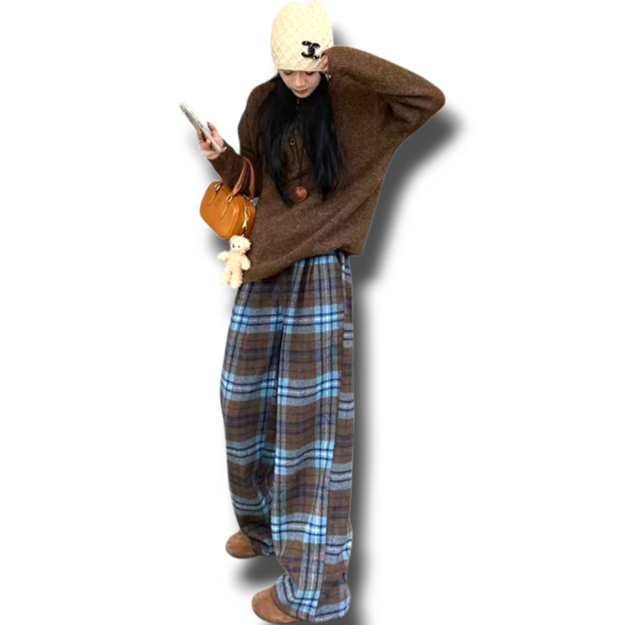 여성 겨울바지 기모 체크바지 와이드핏 밴딩 빅사이즈 아비토브랜드