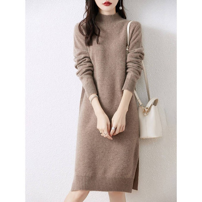 캐시미어니트 캐시미어 100 니트 원피스 여성 울 스웨터 100% 메리노 반목폴라 빅사이즈 겨울 스커트 XQ
