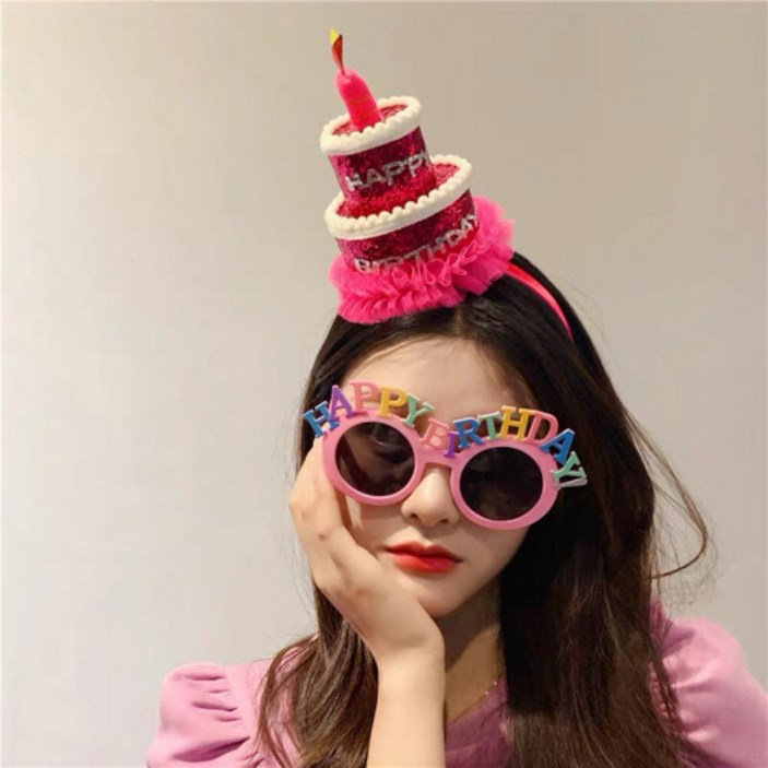 기억의소품 핑크레이스 생일머리띠 + 마카롱 생일파티안경 세트