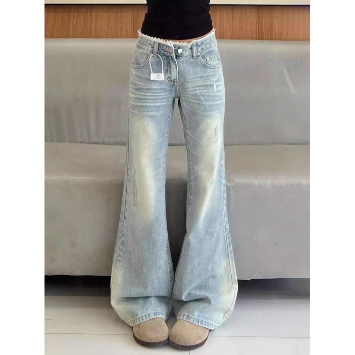 ZAJA여 봄여름 워싱 블루 데님 팬츠 하이웨이스트 레이스패치 날씬해 부츠컷 데님 팬츠