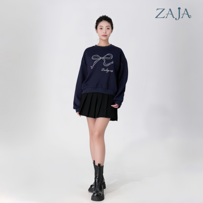 ZAJA 여성 데일리 캐주얼 오버핏 리본 맨투맨 긴팔티셔츠