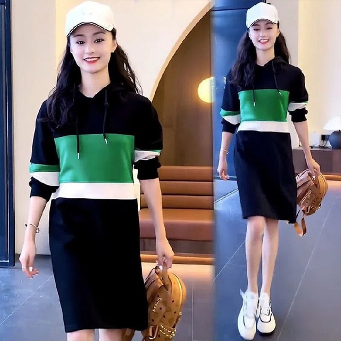 AOKADA 여성 가을 오버핏 배색 후드 긴팔 맨투맨 원피스