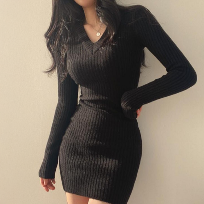 가리안 V넥 에이치라인 페미닌 골지 니트 미니 원피스
