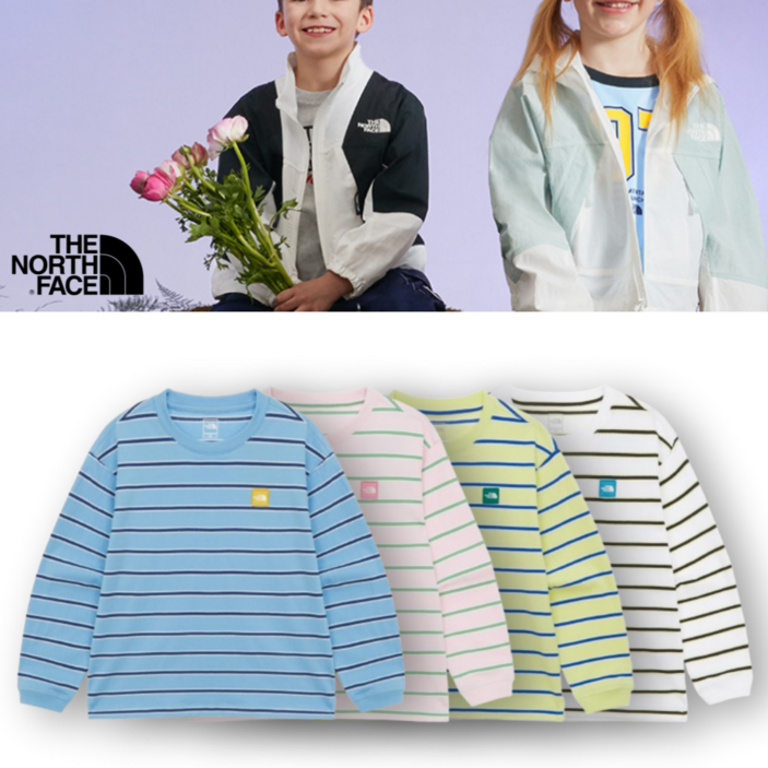 국내매장 노스페이스 키즈티셔츠 긴팔티 라운드긴팔티 봄가을티셔츠  스트라이프긴팔티 루즈핏긴팔티