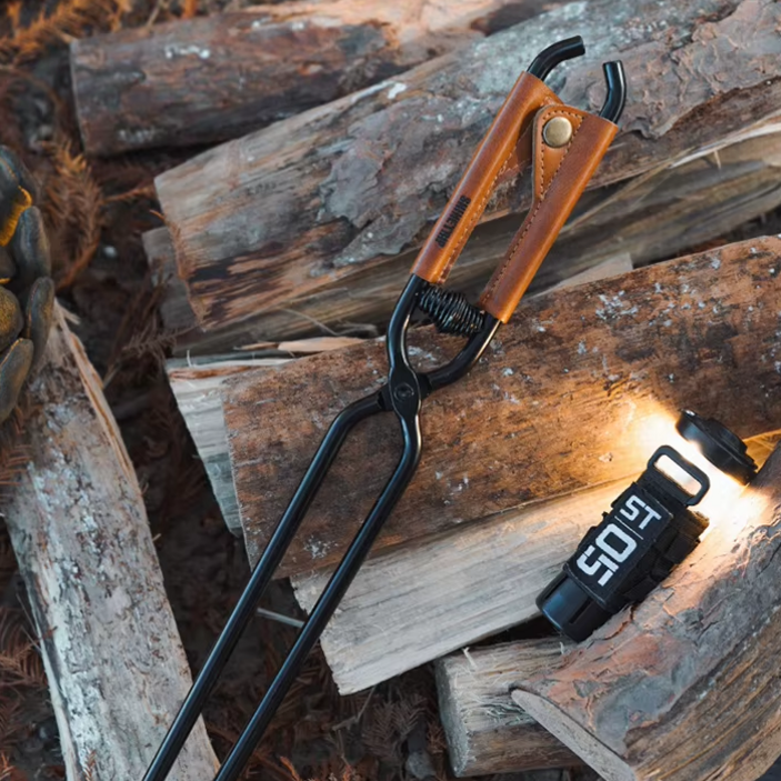 두비모즈 캠핑 스프링 장작집게+가죽커버 바비큐 화로 숯 집게, 1개, 브라운