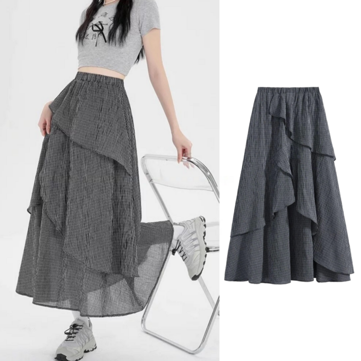와이와이(YY) 시원 잔첵 프릴 스커트 시원한 롱 스커트