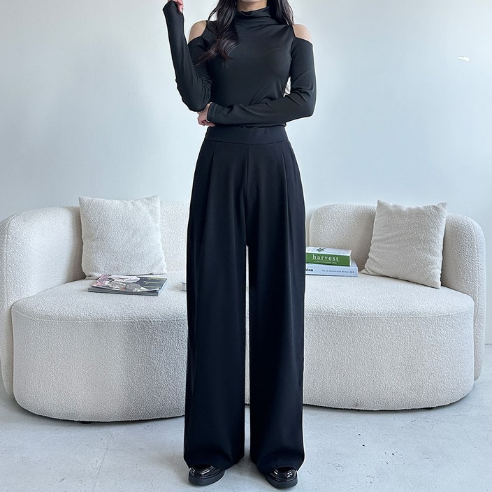 잘빠진 여성용 롱/숏 2단기장 이즈 핀턱 밴딩 와이드 스판슬랙스