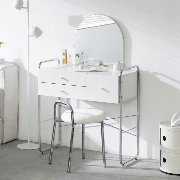 [NEW런칭+방문조립설치] 플레이너스 세렌 모던 미드센츄리 화장대 800 화이트 스틸 거울 화장대세트 수납형 서랍 인테리어 가구 미니멀 북유럽 감성