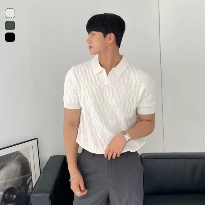 여름 신상 니트반팔티 터틀넥 순색 남자 상의 꽈배기 니트티 고급감 남성 캐주얼 데일리복