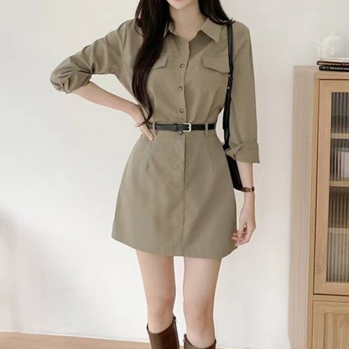 레티고 셔츠 카라 벨트 미니 원피스