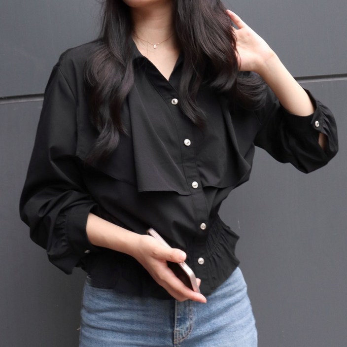 메리앤유 케이프 플랩 레이어드 블루종 핏 셔링 간절기 셔츠 블라우스