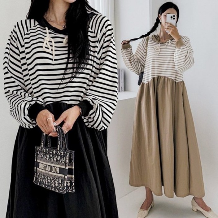 렛잇샤인 꾸안꾸룩 오버핏 바스락 스트라이프 후드 배색 롱원피스(2컬러)