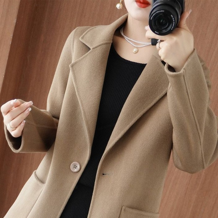 여성 울코트 100 양면 루즈핏 롱코트 버튼 포켓 정장 도톰 하프코트