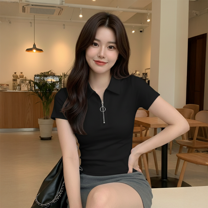데일로엔 여성 여름 데일리 카라 반집업 슬림핏 반팔 티셔츠