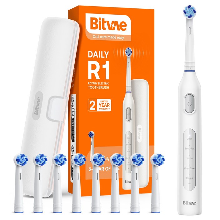 비트베이 R1 회전형 전동칫솔 진동칫솔 칫솔모8개 Bitvae Amazon베스트, 1개, 화이트, R1