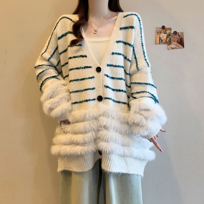 ORZQU 추동 여성 루즈핏 퍼 패치 스트라이프 스웨터 코트