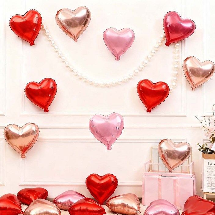 미니하트 20개 파티 생일,레드 미니하트 하트풍 선만 은박 호일풍선 파티풍선 세트, 1세트